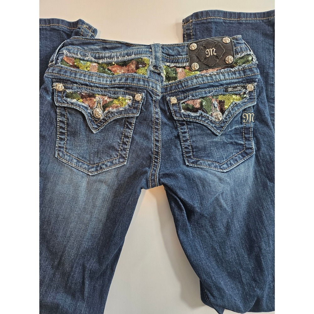 Miss Me Signature Boot Jeans Women 28 Blue Camo Sequin Embellished Dark Wash‎ - Picture 5 of 9